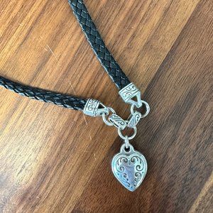 Brighton Silver Heart Necklace with Braided Leather Cord Chain